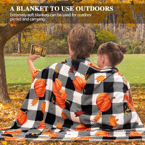 Pumpkin Leaf Fall Plaid Throw Blanket -Cozy 50"x60" Autumn Decor for Couch & Bed - Picture 4 of 7